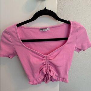Zara Pink Short Sleeve Ruched Blouse
